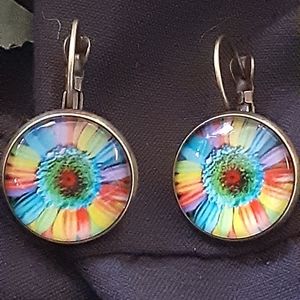 Cabachon Glass Earrings Flower Tie Dye